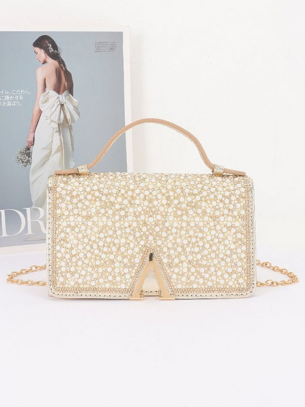 Rhinestone And Pearl Flap Clutch